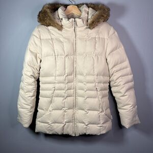 Calvin Klein Women' Cream Puffer Jacket Coat Faux Fur Hood Lined Down Fill Sz M